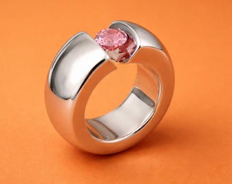 Promise Ring Pink Moissanite: Statement Ring for Women, Moissanite Solitaire, Tension Setting Engagement jewelry