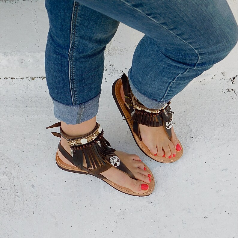 women sandals ethnic sandals fringe sandals brown sandals beach sandals indian sandals Tree of life boho sandals hippie sandals
