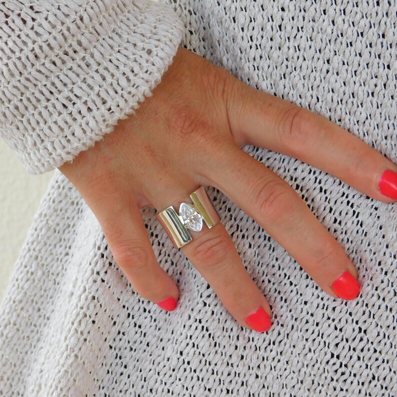 Wide Band Statement Ring Marquise Gemstone Ring Navette CZ Etsy