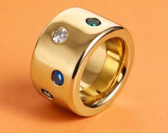 Gold Band Gemstone Ring: Minimalist Statement Jewelry, Multi-Color Stones, Gold Alternative