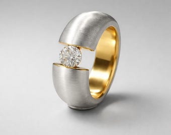 Thick Band Engagement Ring: Statement Ring for Women, Bi-Color Design with Brushed Finish