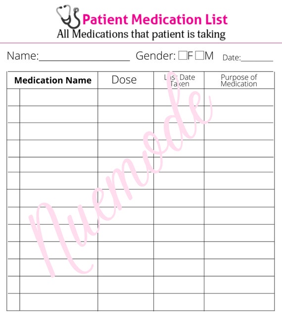 Printable Simple Patient Medication List Log Sheet. Easy PDF Etsy