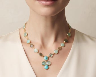 Colar em Y com Calcedônia e Citrino - Joia Boho com Múltiplas Pedras - Colar Artesanal - Presente para Ela
