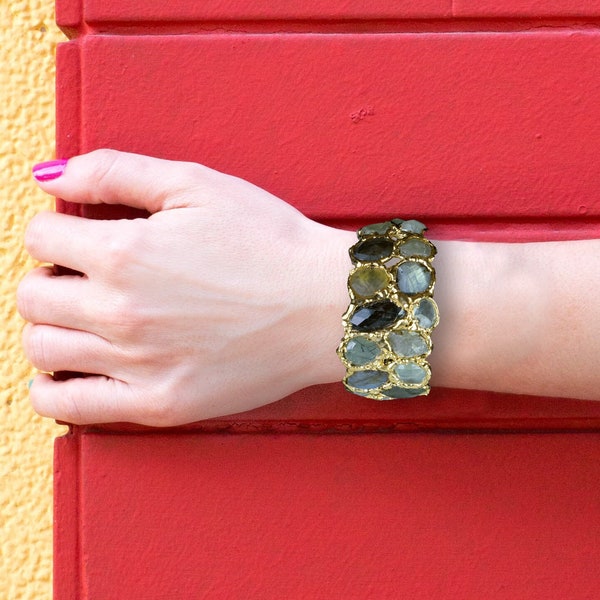 Natural Multi Labradorite Gemstone Bangle \ Chain Lock Bracelet \ Handmade Bangle \ Wedding Bracelet \ Statement Bracelet \ Boho bangle