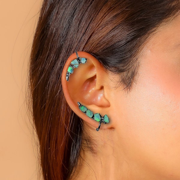 Boucles d'oreilles complètes multi-opale de feu - bijou d'oreille en pierres précieuses - boucles d'oreilles sur chenilles - bijoux minimaux - grimpeurs d'oreilles - cadeau de demoiselle d'honneur - boucles d'oreilles grimpeur