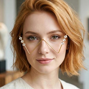 Polki Quartz Spectacle Facelet \ Avant-Garde Face Accessory \ Statement Eyewear \ Angular V-Shape Nose Bridge Jewelry