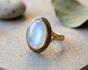 Rainbow Moonstone Brass Ring: Gemstone Statement Band for Women