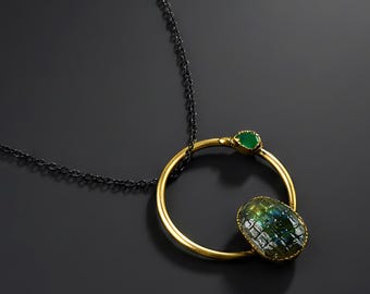 Natural Labradorite Green Onyx Brass Pendant Necklace – Minimalist Antique Multistone Design