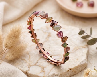 Handmade Raw Multi-Tourmaline Stone Bracelet, Natural Gemstone Cuff, Brass Boho Jewelry