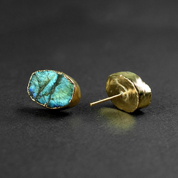 High Fire Labradorite Gemstone Stud Earrings \ Tiny Earrings \ Stud Earrings \ Statement Earrings \ Brass Earrings \ Screw Back Earrings