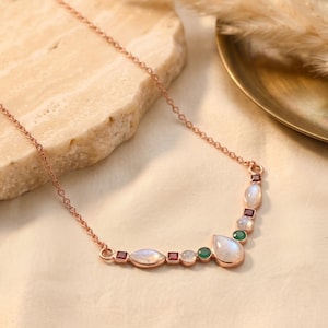 Collar de piedras preciosas naturales múltiples - Collar de piedra lunar arcoíris - Joyería minimalista para bodas - Artículo de regalo