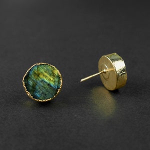 Natural Fire Labradorite Stud Earrings \ Round Earrings \ Small Stud Earrings \ Gemstone Earrings \ Brass Earring \ Handmade Earrings