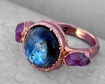 Blue Labradorite Crystal Ring Small Labradorite Ring Wire Wrapped Labradorite Ring Round Crystal Jewelry Wire Jewelry Blue Crystal Ring