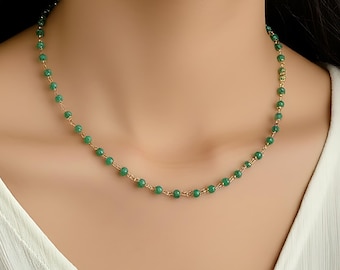 Green Onyx Rosary Necklace \ Wire Wrap Chain \ Rosary Chain \ Beaded Necklace \ Gemstone Necklace \ Minimal Necklace \ Handmade Jewelry
