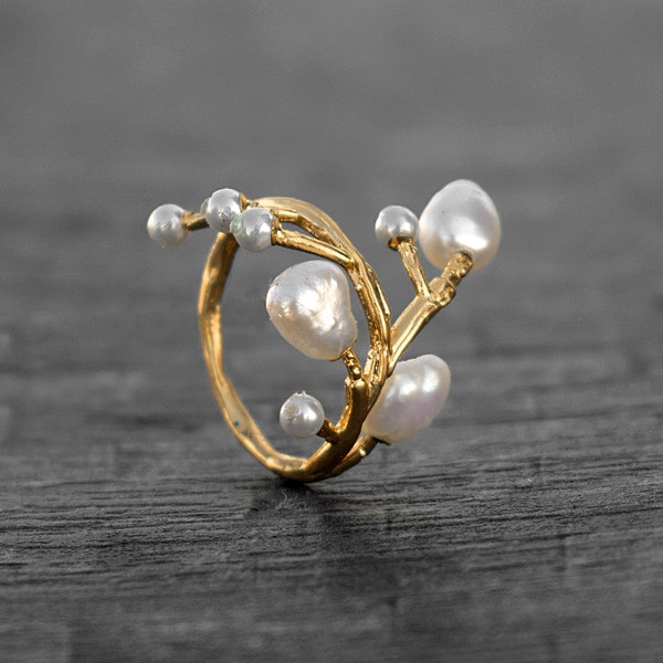 Bague faite à la main en pierre précieuse de mer de perles brutes | Anneau de branches | Bague de déclaration | Bague de fiançailles | Anneau empilable | Bagues pour femmes | Cerne d'arbre