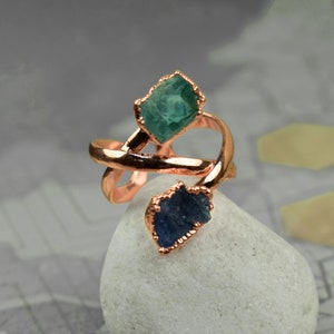 Natural Aquamarine And Tanzanite Gemstone Ring \ Multi Stone Ring \ Raw Stone Ring \ Statement Ring \ Crisscross Ring \ WeddingRing