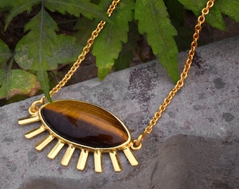 Natural Tiger Eye Gemstone Pendant Necklace – Evil Eye Design (28x14mm)