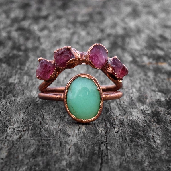 Calcédoine naturelle & Ruby Gemstone bague \ Boho Rings \ Double Band Ring \ Antique Rings \ Birthstone Ring \ Wedding Ring \ Statement Ring