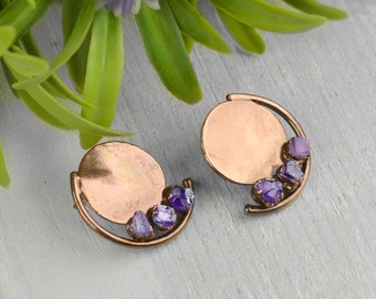 Raw Amethyst  Earrings, Boho Hoop Studs