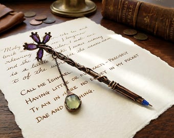 Natural Amethyst Flower Design Pen - Luxury Pen - Copper Antique Pen - Ballpoint Pens - Expensive Pens - Gemstone Chain Pen \ Office Pens