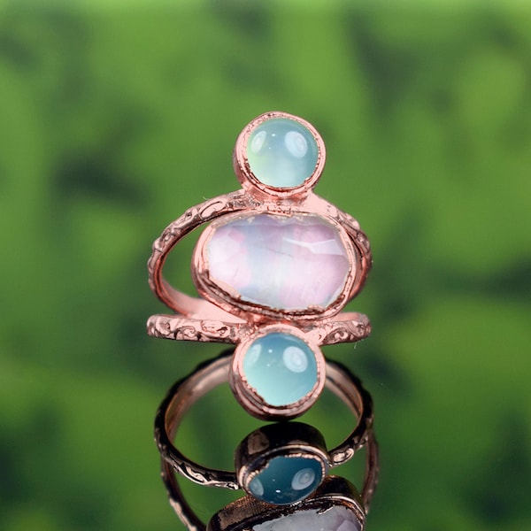 Rose Quartz And Blue Chalcedony Ring \ Spiral Ring \ Brass Ring \ Gemstone Ring \  Cocktail Ring \ Rings For Women \ Statement Ring