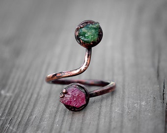 Natural Tourmaline Ring \ Emerald Ring \ Multi Gemstone Ring \ Raw Stone Ring \ Spring Ring \ Antique Ring \ Rings For Women \ Snake Ring