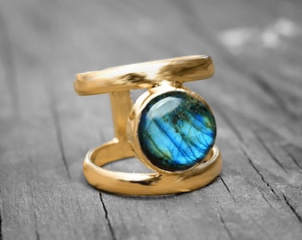 Natural Labradorite Ring \ Electroformed Ring \ Double Ring \ Band Ring \ Solitaire Ring \ Engagement Ring \ Queen Ring \ Minimalist Ring