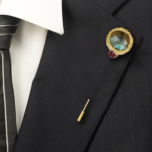 Natural Labradorite & Ruby Brooch Pin \ Gemstone Brooch \ Unisex Brooch \ Handmade Brooch \ Cloth Pin \ Costume Jewelry \ Blazer Brooch