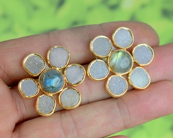 Labradorite Druzy Stud Earrings – Copper Flower Design, 29mm