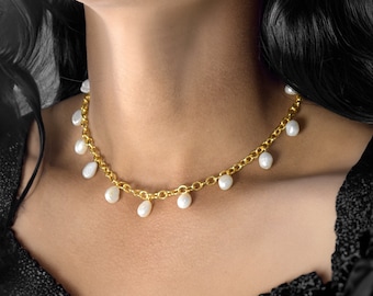 Natural White Pearl Gemstone Chain Necklace \ Pearl Necklace Jewelry \ Birthstone Necklace \ Gifts For Her \ Anniversary Gift \ Boho Jewelry