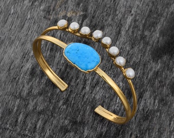 Natural Turquoise & Pearl Gemstone Bracelet \ Minimalist Bracelet \ Cuff Bracelet \ Handmade Jewelry \ Vintage Bracelet \ Delicate Bangle