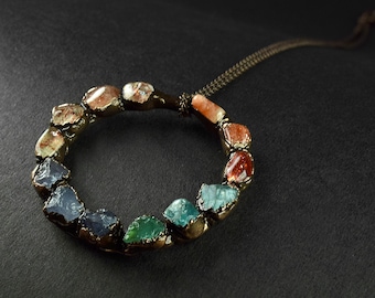 Multi Gemstone Round Necklace | Sunstone Necklace \ Ring Necklace \ Raw Stone Necklace \ Locket Necklace \ Pendant Necklace \ Copper Jewelry