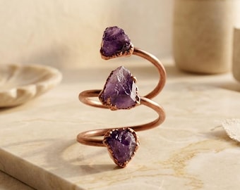 Raw Amethyst Spiral Ring - Statement Spring Ring - Bohemian Rings - Anniversary Gifts - Natural Gemstone Jewelry