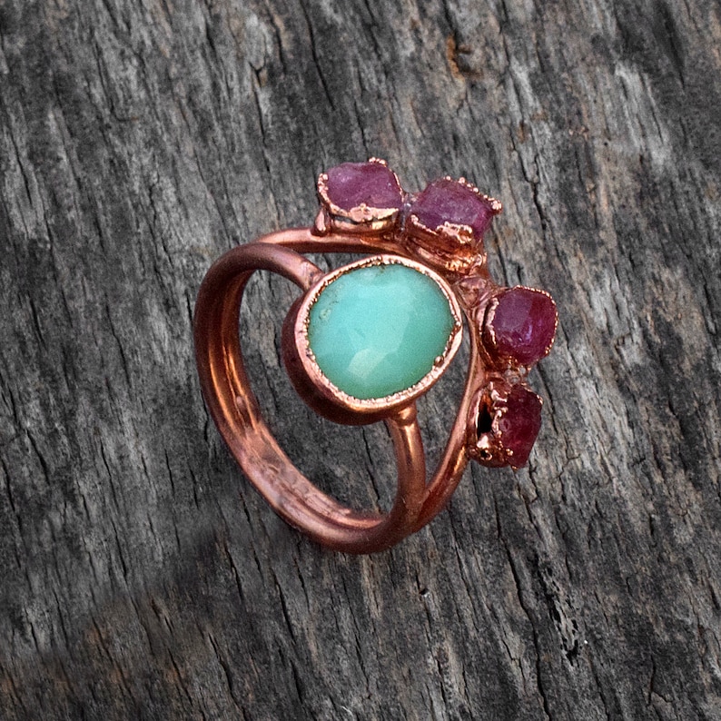 Natural Chalcedony & Ruby Gemstone ring Boho Rings Double Band Ring Antique Rings Birthstone Ring Wedding Ring Statement Ring image 3