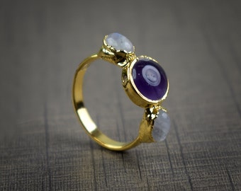 White Moonstone And Amethyst Ring \ Gemstone Ring \ Brass Ring \ Multi Stone Ring \ Friendship Rings \ Gifts For Her \ Rings For Women