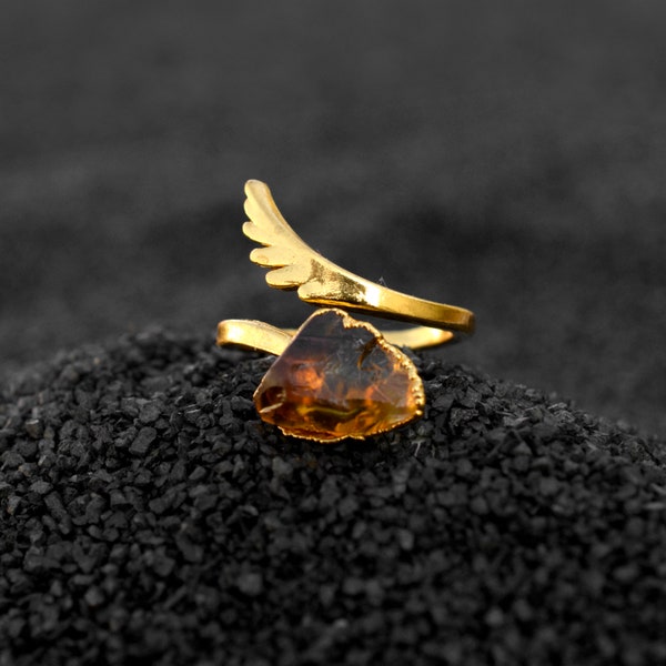 Natural Rough Citrine Stone Ring \ Electroplated Ring \ Vintage Ring \ Gemstone Ring \ Gold Plated Ring \ Minimalist Ring \ Angel Wing Ring