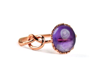 Amethyst Knots Ring, Rose Gold Electroplated Copper, Minimalist Gemstone Ring