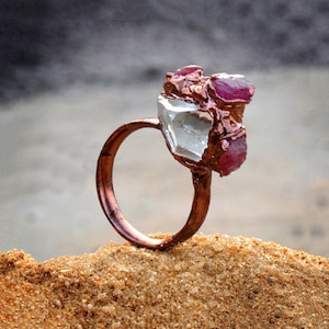 Large Crystal & Tourmaline Gemstone Ring \ Raw Stone Rings \ Electroformed Ring \ Antique Rings \ Copper Ring \ Statement Ring \ Boho Rings
