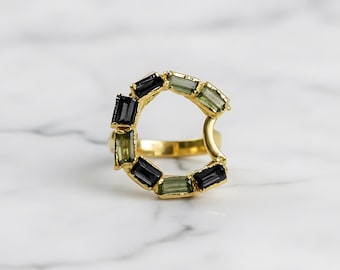 Green Tourmaline Baguette Copper Ring, Minimal Statement Ring