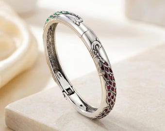 Peacock Statement Bracelet - Antique Silver Hinged Bracelet - Handmade Jewelry Gifts
