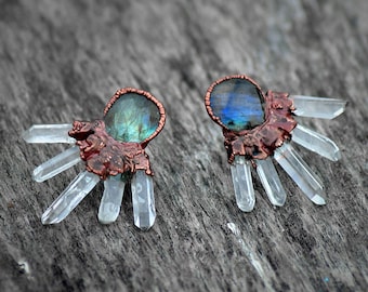Labradorite Crystal Stud Earrings \ Gemstone Stud Earrings \ Handmade Jewelry \ Copper Stud Earrings \ Stud Earrings \ Screw Back Earrings
