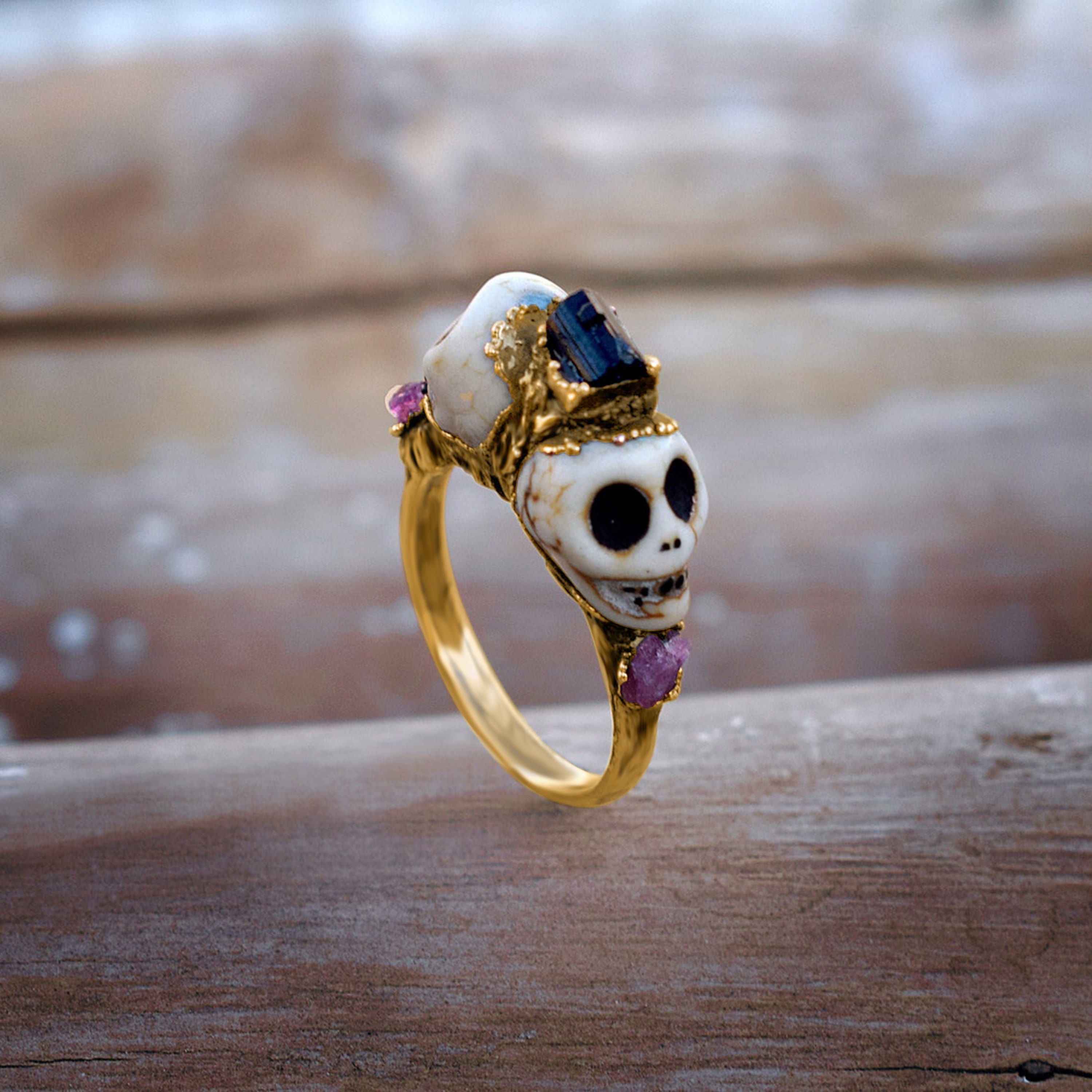 Pink Tourmaline Skull Ring  Horror Skull Ring  Rough Stone Ring