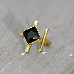 Black Onyx Open Ring - Cut Stone Ring - Gemstone Ring - Electroplated Ring - Rings For Women  - Brass Ring - Unique Ring - Wedding Ring