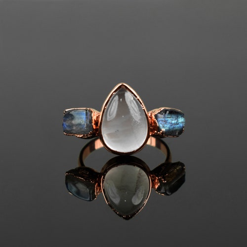 Natural Labradorite & Moonstone Ring - Copper Ring - Multi Stone Ring - Handmade Jewelry - Gemstone Ring - Rings For Women \ Statement Ring