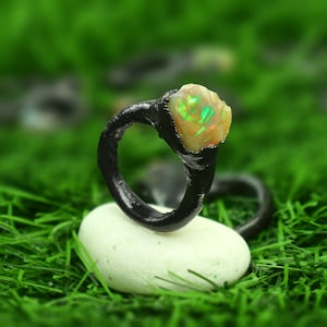 1 Pc Natural Raw Ethiopian Fire Opal Gemstone Ring \ Electroplated Ring \ Black Oxidized Ring \ Wholesale Rings \ Boho Ring \ Raw Stone Ring