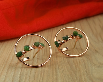 Brincos de Esmeralda Bruta - Brincos com Pedras Preciosas Brutas - Brincos de Argola - Brincos Femininos - Joias Minimalistas - Brincos com Pedras Preciosas, Presente para Ela