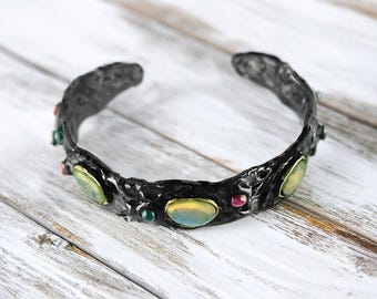 Handmade Oxidized Copper Opal Bangle, Floral Gemstone Bracelet