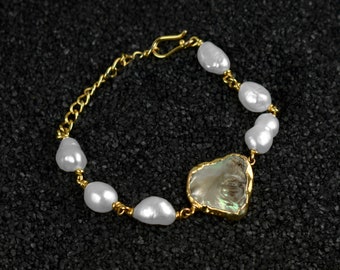 Natural White Pearl & Abalone Shell Bracelet \ Adjustable Bracelet \ Chain Bracelet \ Friendship Bracelet \ Wedding Bracelet \ Gift Bracelet