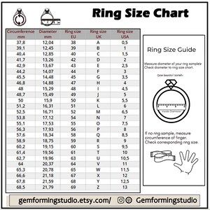 May include: A ring size chart with measurements in millimeters and inches. The chart shows the circumference, diameter, and corresponding ring sizes in EU, UK, and USA sizing. The chart also includes a guide on how to measure your ring size using a ring sample or by measuring your finger.