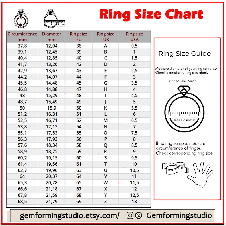 May include: Ring size chart with measurements in millimeters and inches. The chart shows the circumference and diameter of rings in millimeters, and the corresponding ring size in EU, UK, and USA sizing. The chart also includes a guide on how to measure your ring size.